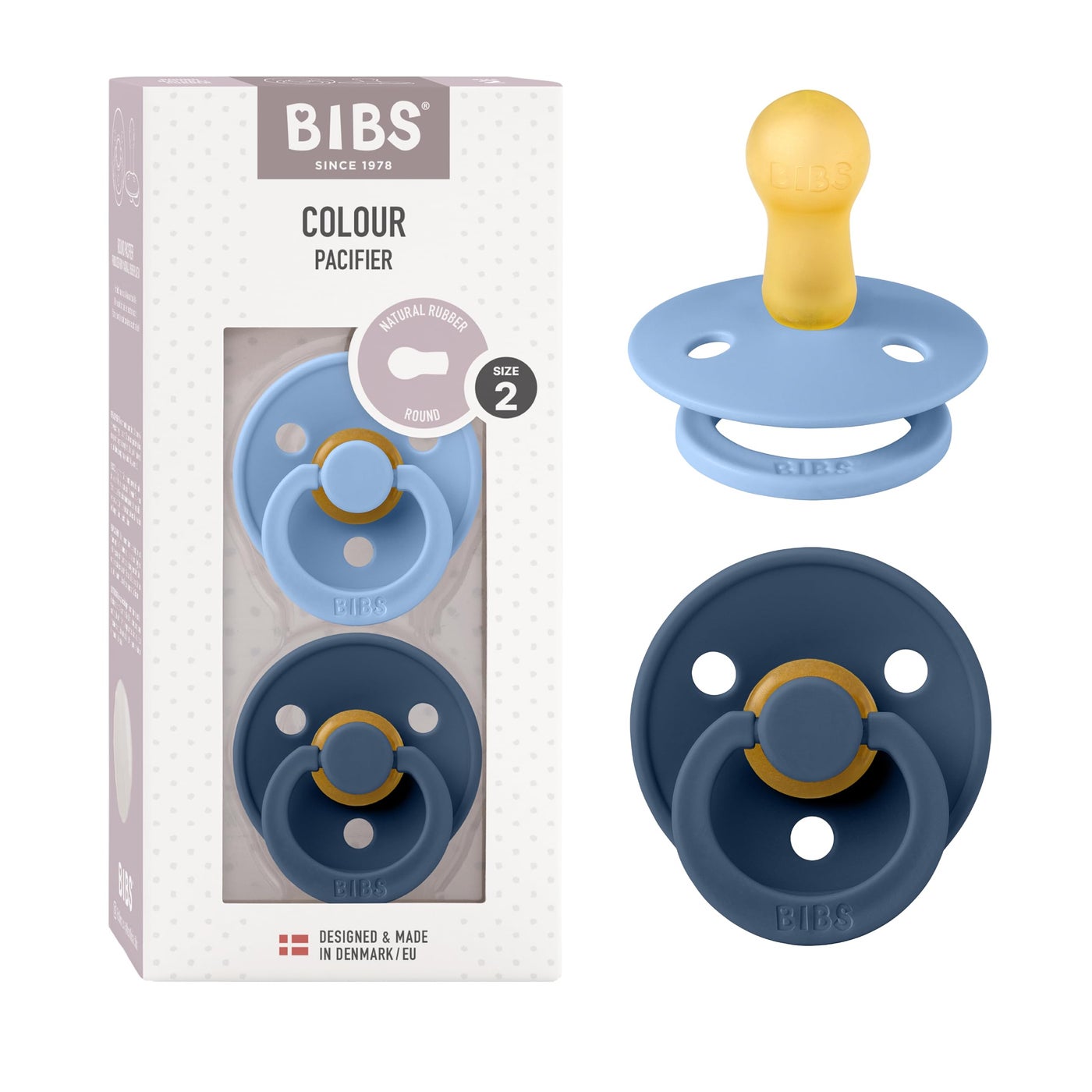 TIMEYARD BIBS Colour Soother 2-Pack, BPA Free Dummy Pacifier, Round Nipple. Natural Rubber Latex, Size 2 (6-18 Months), Sky Blue/Steel Blue