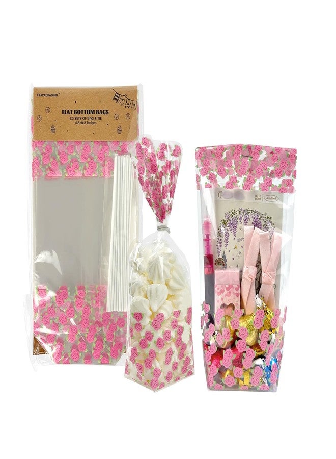 EKAPACKAGING 25Pcs 4.3x8.3 Inches Cellophane Flat Bottom Bags with Twist Ties, Rose Pattern Treat Bags Cookies Candy Pink Gift Bags, Small Valentine's Day Goodie Bags for Wedding & Party Favors - Image 1