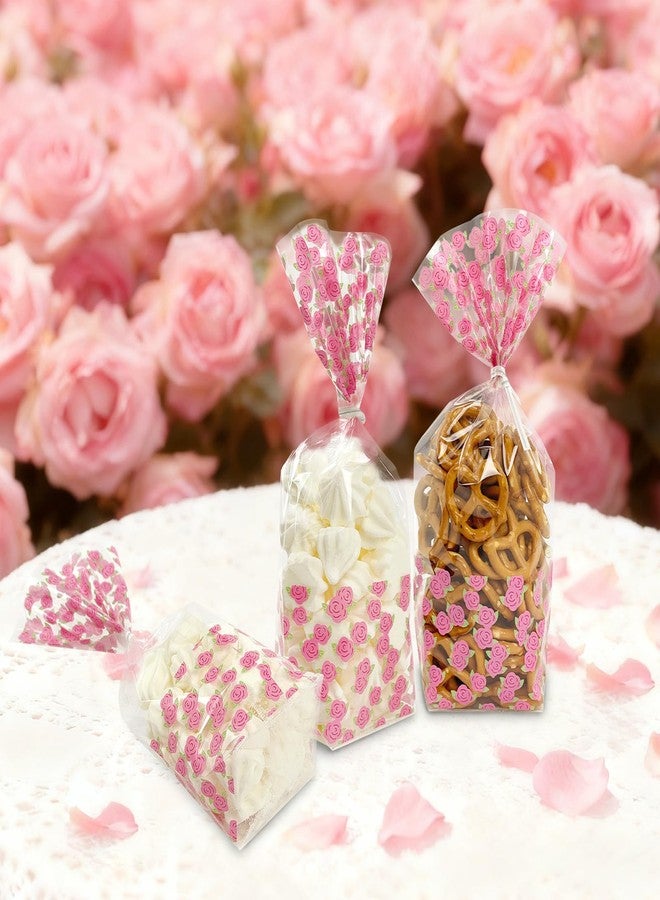 EKAPACKAGING 25Pcs 4.3x8.3 Inches Cellophane Flat Bottom Bags with Twist Ties, Rose Pattern Treat Bags Cookies Candy Pink Gift Bags, Small Valentine's Day Goodie Bags for Wedding & Party Favors - Image 4