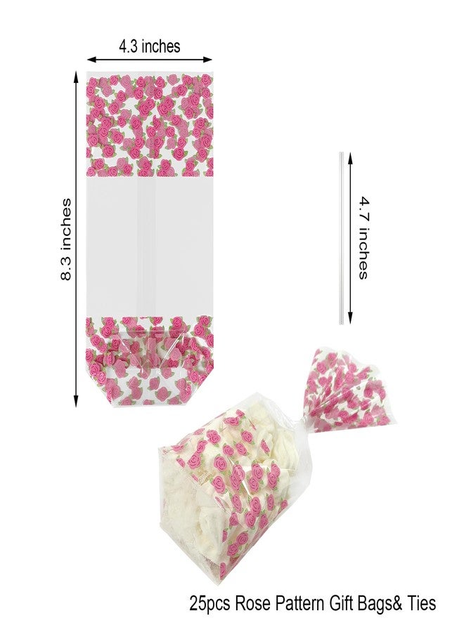 EKAPACKAGING 25Pcs 4.3x8.3 Inches Cellophane Flat Bottom Bags with Twist Ties, Rose Pattern Treat Bags Cookies Candy Pink Gift Bags, Small Valentine's Day Goodie Bags for Wedding & Party Favors - Image 2