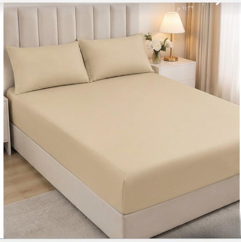 [Brand] [Model] Premium 100% Egyptian Cotton Bed Sheet Set, 4-Piece Plain Bedding Set for 180cm Bed, Includes Flat Sheet (275cm), Long Bolster Cover (190cm) & 2 Pillowcases (50x70cm) - Beige - Image 1