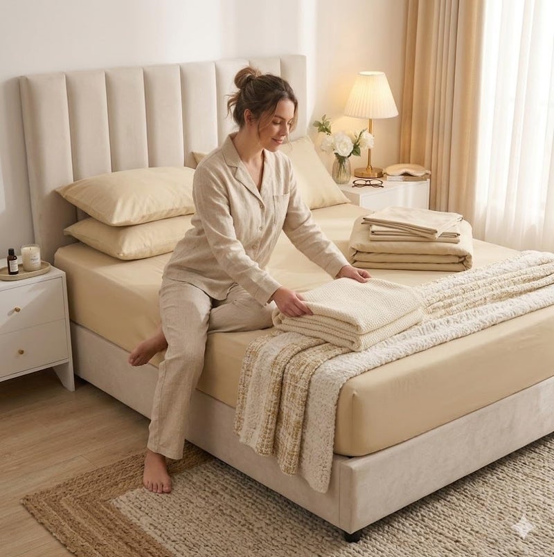 [Brand] [Model] Premium 100% Egyptian Cotton Bed Sheet Set, 4-Piece Plain Bedding Set for 180cm Bed, Includes Flat Sheet (275cm), Long Bolster Cover (190cm) & 2 Pillowcases (50x70cm) - Beige - Image 5