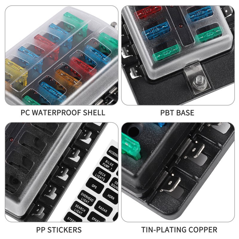 Fuse Box: Black Tin-Plating Copper Fuse Panel - LED Indicator For Blown Fuse Detection, Protective Plastic Cover, Spare Fuses Included for Automotive Electrical System Protection - Image 5