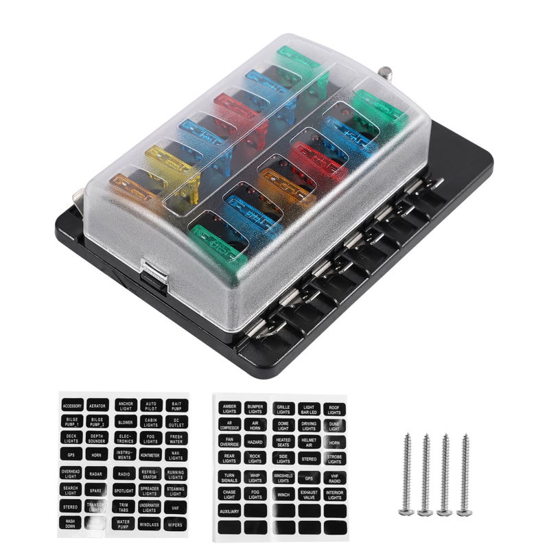 Fuse Box: Black Tin-Plating Copper Fuse Panel - LED Indicator For Blown Fuse Detection, Protective Plastic Cover, Spare Fuses Included for Automotive Electrical System Protection - Image 1