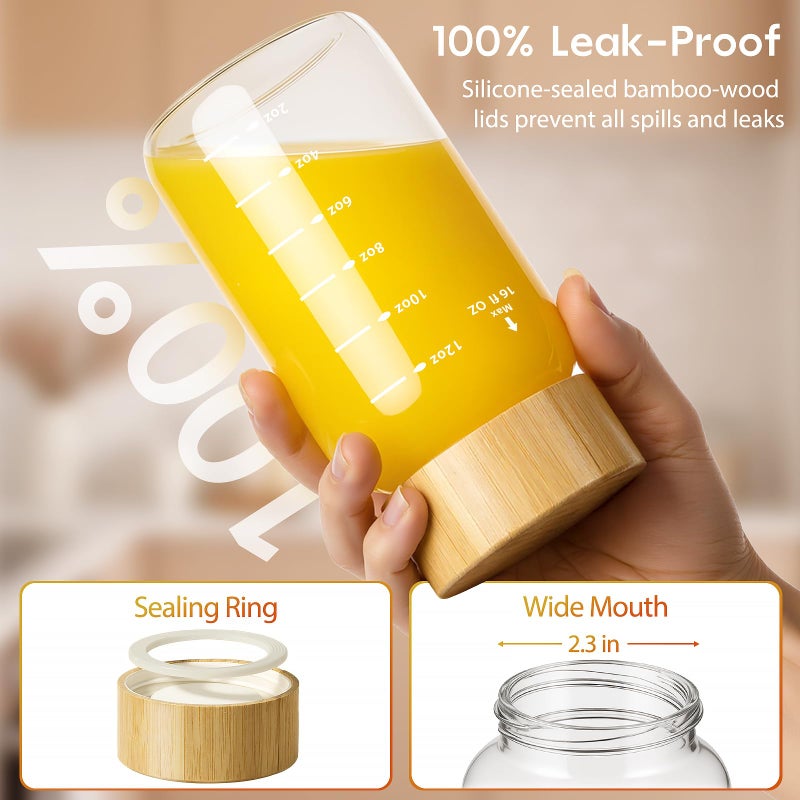 Freshmage 16 oz Borosilicate Glass Water Bottles (4 Pack) - High-Heat Resistant & Durable Wide Mouth Reusable Bottles with Bamboo Lids, Leak Proof for Juicing, Smoothies, Beverage Storage, BPA-Free - Image 3