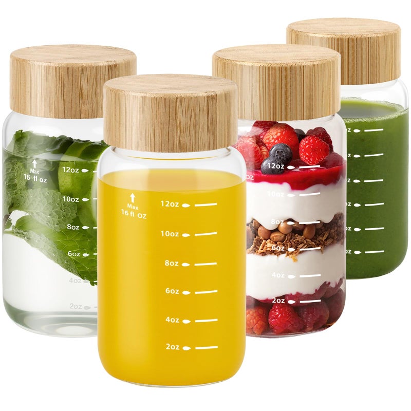Freshmage 16 oz Borosilicate Glass Water Bottles (4 Pack) - High-Heat Resistant & Durable Wide Mouth Reusable Bottles with Bamboo Lids, Leak Proof for Juicing, Smoothies, Beverage Storage, BPA-Free - Image 1