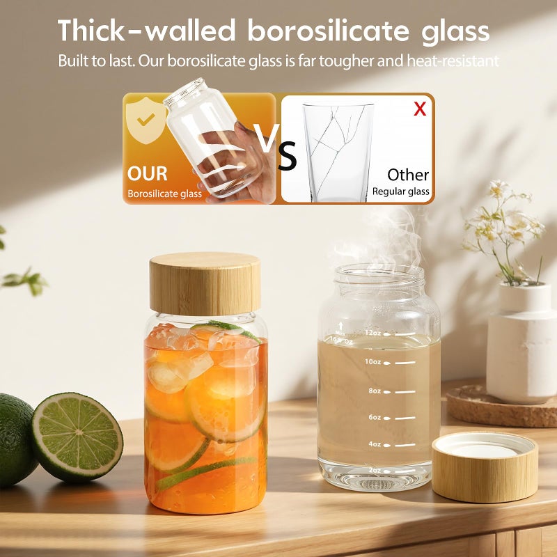 Freshmage 16 oz Borosilicate Glass Water Bottles (4 Pack) - High-Heat Resistant & Durable Wide Mouth Reusable Bottles with Bamboo Lids, Leak Proof for Juicing, Smoothies, Beverage Storage, BPA-Free - Image 2