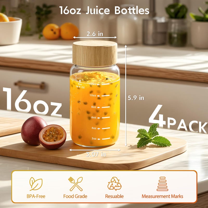 Freshmage 16 oz Borosilicate Glass Water Bottles (4 Pack) - High-Heat Resistant & Durable Wide Mouth Reusable Bottles with Bamboo Lids, Leak Proof for Juicing, Smoothies, Beverage Storage, BPA-Free - Image 4