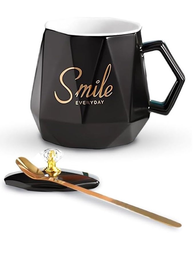 UKR - UKR Smile Premium Ceramic Coffee Mug with Spoon and Lid – Stylish Black Water Cup for Office & Home Use | Durable Tea & Coffee Mug with Lid for Hot Drinks | Office & Kitchen Mug Set - Image 1