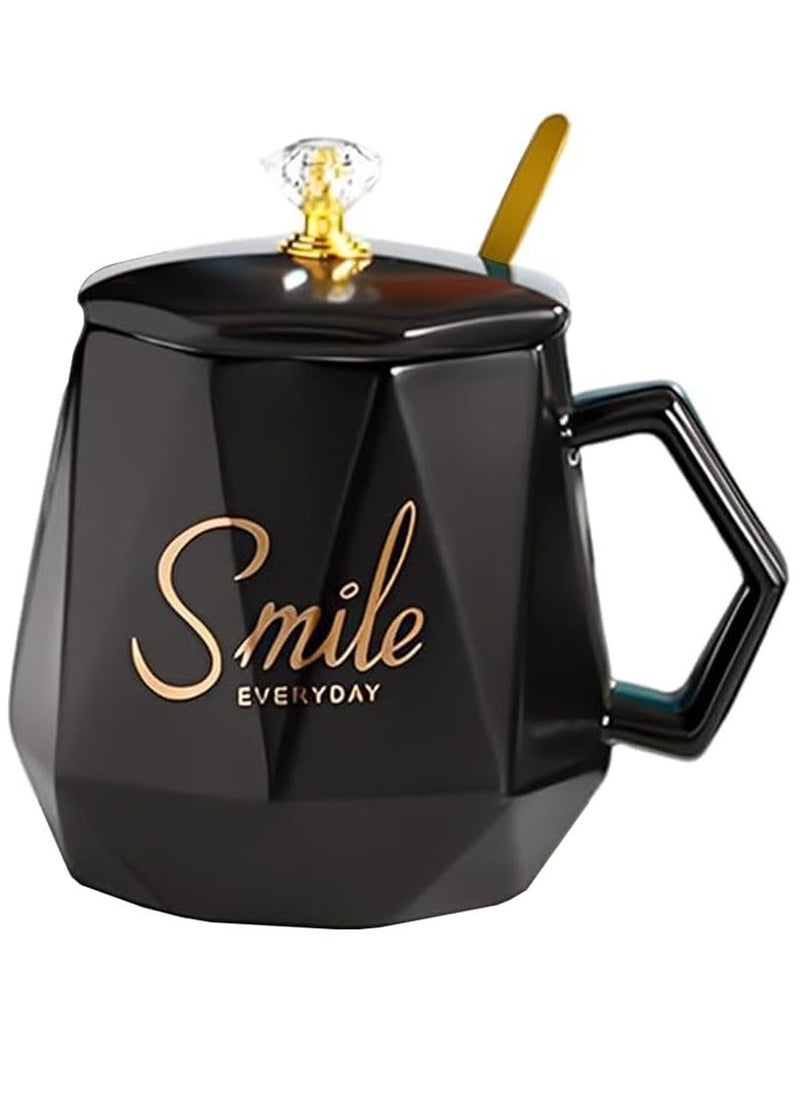 UKR - UKR Smile Premium Ceramic Coffee Mug with Spoon and Lid – Stylish Black Water Cup for Office & Home Use | Durable Tea & Coffee Mug with Lid for Hot Drinks | Office & Kitchen Mug Set - Image 1