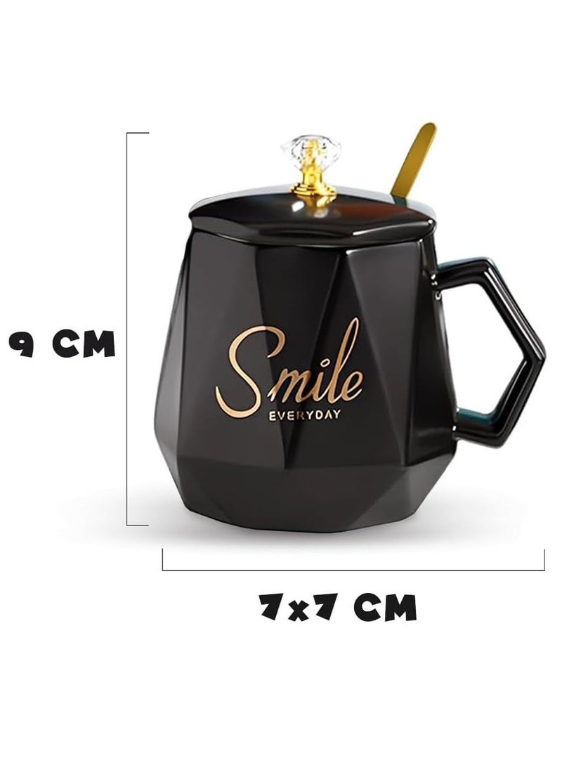 UKR - UKR Smile Premium Ceramic Coffee Mug with Spoon and Lid – Stylish Black Water Cup for Office & Home Use | Durable Tea & Coffee Mug with Lid for Hot Drinks | Office & Kitchen Mug Set - Image 1