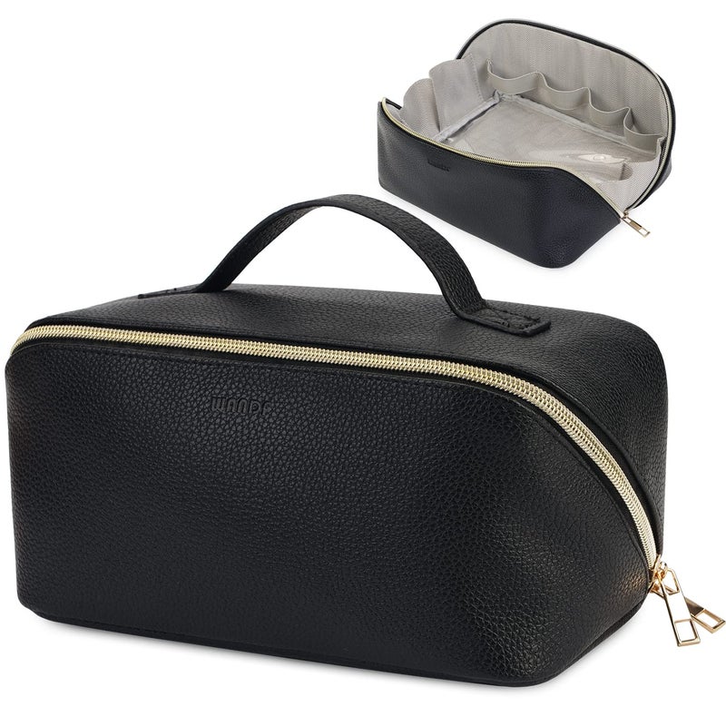 WANDF Large Capacity Cosmetic Bag Travel Makeup Bag Vegan Leather Zipper Case Portable Cosmetic Organiser for Women black - Image 1