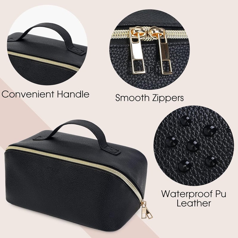 WANDF Large Capacity Cosmetic Bag Travel Makeup Bag Vegan Leather Zipper Case Portable Cosmetic Organiser for Women black - Image 5