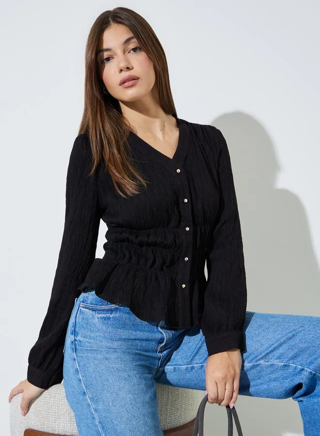 ستايلي Black Solid Textured Ruched Details Blouse