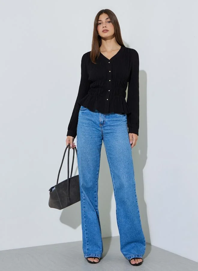 ستايلي Black Solid Textured Ruched Details Blouse