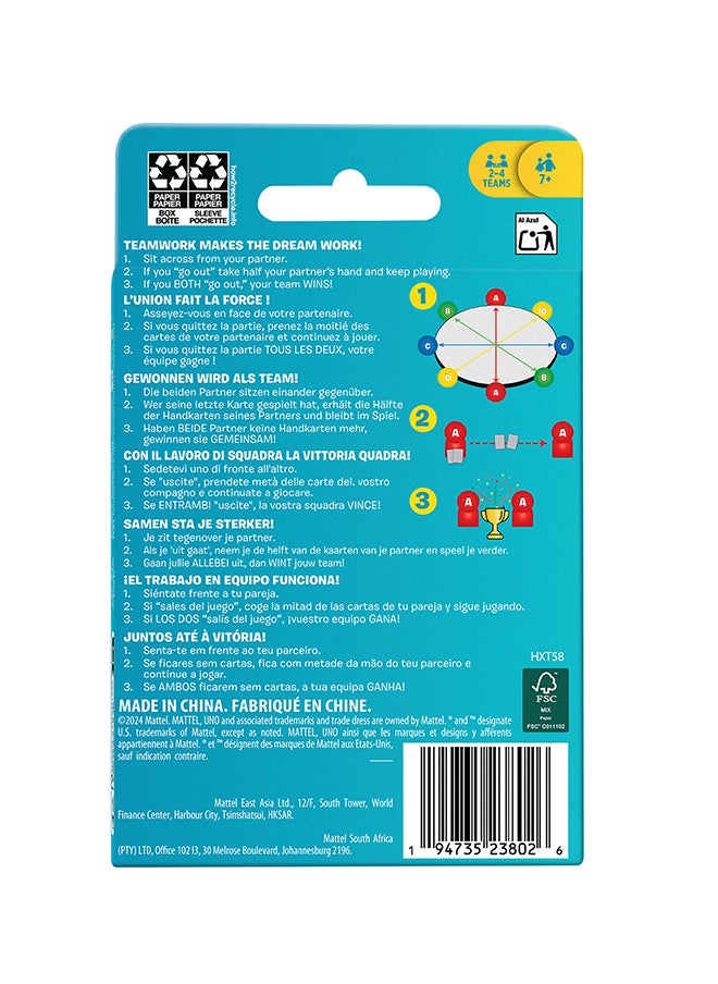 UNO Teams Card Game for Family Nights, Game Nights, Travel, Camping & Parties for Players 7 And Up In Up To Four Teams, With Cards Any Colorblind Player Can Use