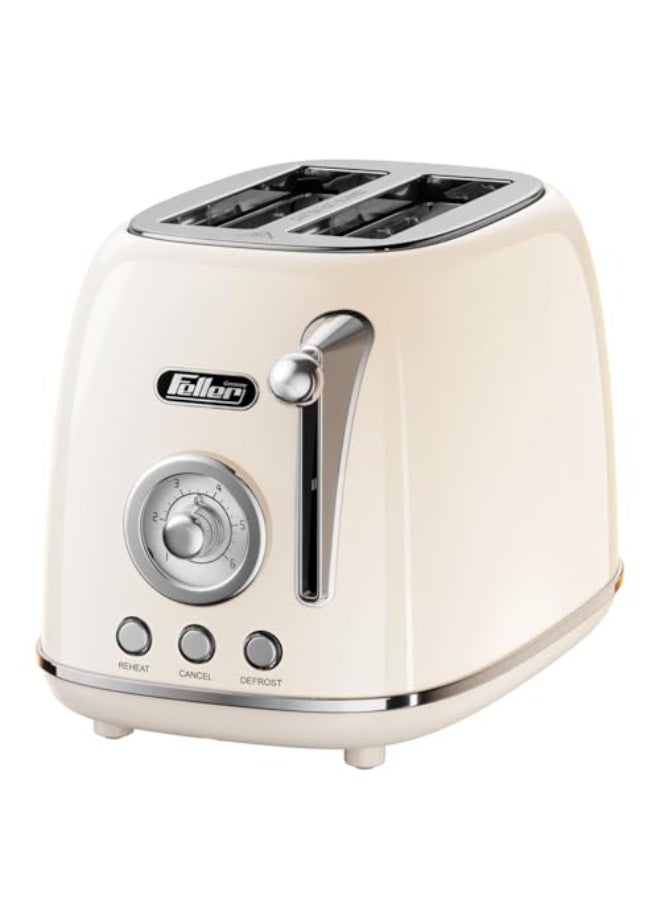 Feller Germany, Retro Style 2-Slice Toaster, 815 W, Steel Body, Dust Cover & foldable Bun Warmer,Defrost, Reheat & Cancel Function,Removable Crumb Tray, TO290, (Cream)