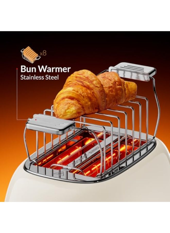 Feller Germany, Retro Style 2-Slice Toaster, 815 W, Steel Body, Dust Cover & foldable Bun Warmer,Defrost, Reheat & Cancel Function,Removable Crumb Tray, TO290, (Cream) - Image 2