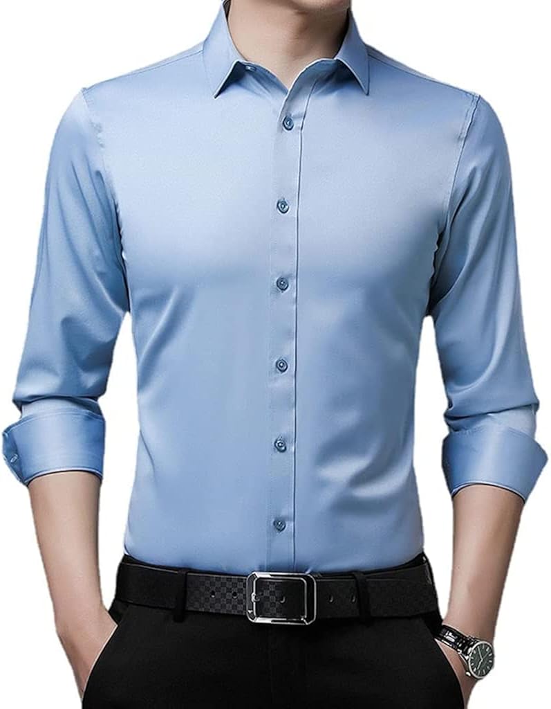 woobles Men High-Stretch Non-iron Anti-wrinkle Shirt Long Sleeve Business Standard Shirt F - Image 1