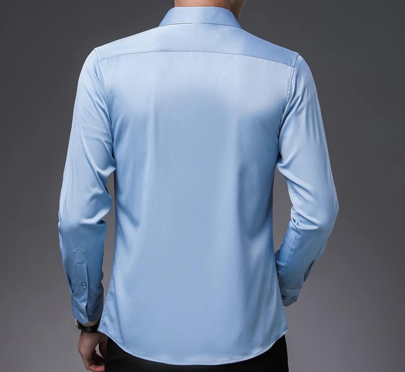 woobles Men High-Stretch Non-iron Anti-wrinkle Shirt Long Sleeve Business Standard Shirt F - Image 3