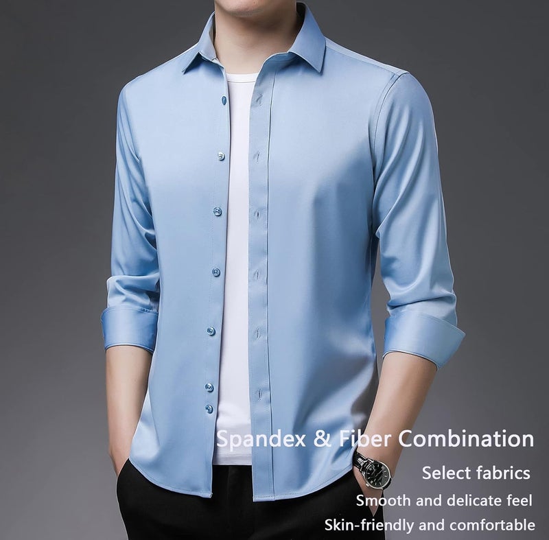 woobles Men High-Stretch Non-iron Anti-wrinkle Shirt Long Sleeve Business Standard Shirt F - Image 4