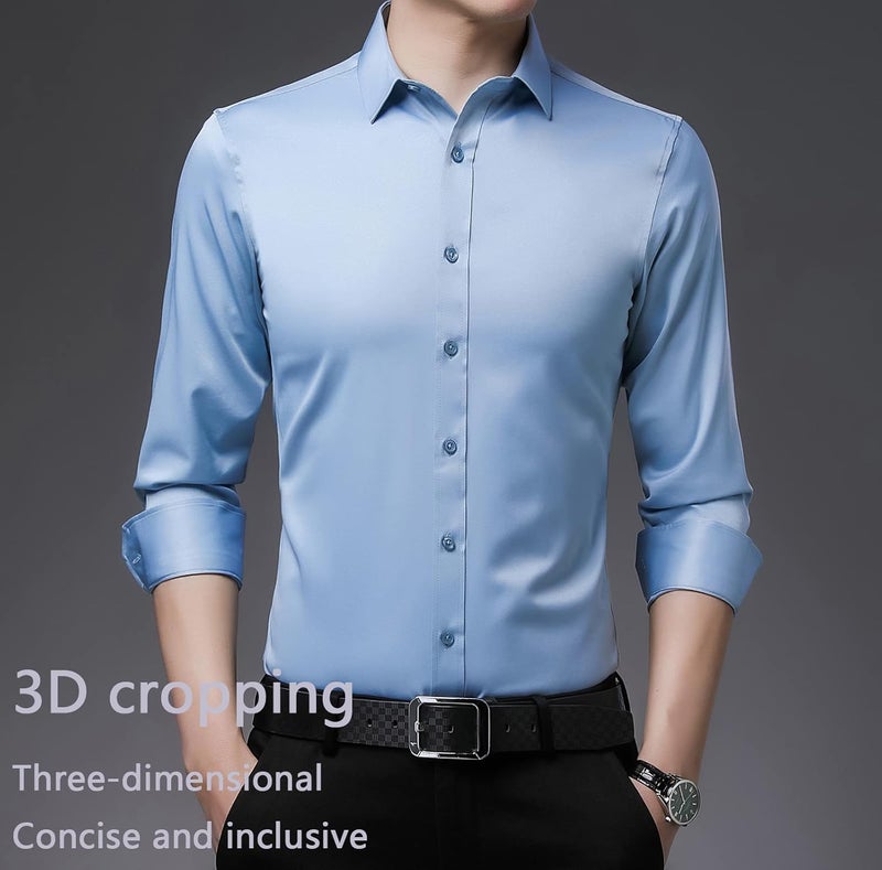 woobles Men High-Stretch Non-iron Anti-wrinkle Shirt Long Sleeve Business Standard Shirt F - Image 2