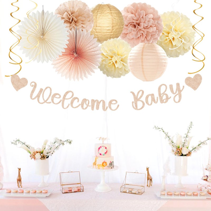 burgleda Champagne-Gold Beige Fall Baby-Shower Party-Decorations - 36pcs Welcome Home Banner Sign,Neutral Paper Lanterns,Girl Streamers Garland,Boho Hanging Tissue Pom Poms Flowers Fans Backdrop Decor Burgleda - Image 4
