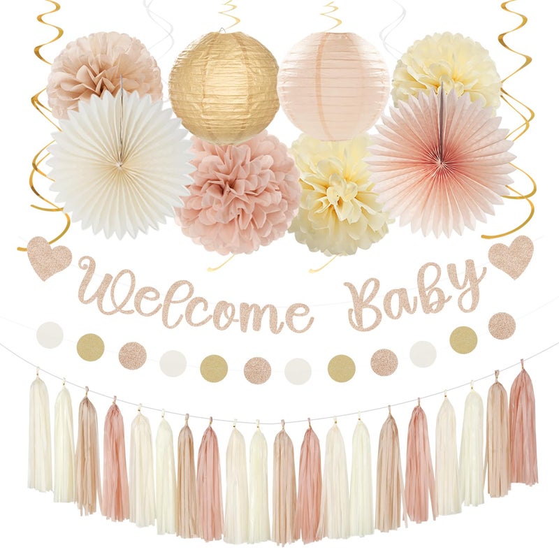 burgleda Champagne-Gold Beige Fall Baby-Shower Party-Decorations - 36pcs Welcome Home Banner Sign,Neutral Paper Lanterns,Girl Streamers Garland,Boho Hanging Tissue Pom Poms Flowers Fans Backdrop Decor Burgleda - Image 1