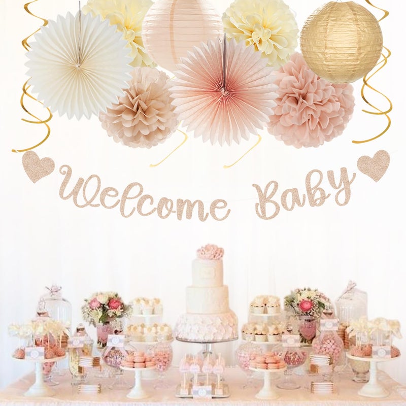 burgleda Champagne-Gold Beige Fall Baby-Shower Party-Decorations - 36pcs Welcome Home Banner Sign,Neutral Paper Lanterns,Girl Streamers Garland,Boho Hanging Tissue Pom Poms Flowers Fans Backdrop Decor Burgleda - Image 5