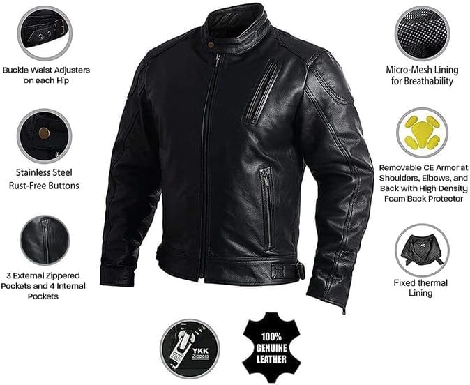 HWK Leather Motorcycle Jacket with Armor for Men, Cafe Racer Genuine Leather Jacket for Weather Resistant Riding - Image 2