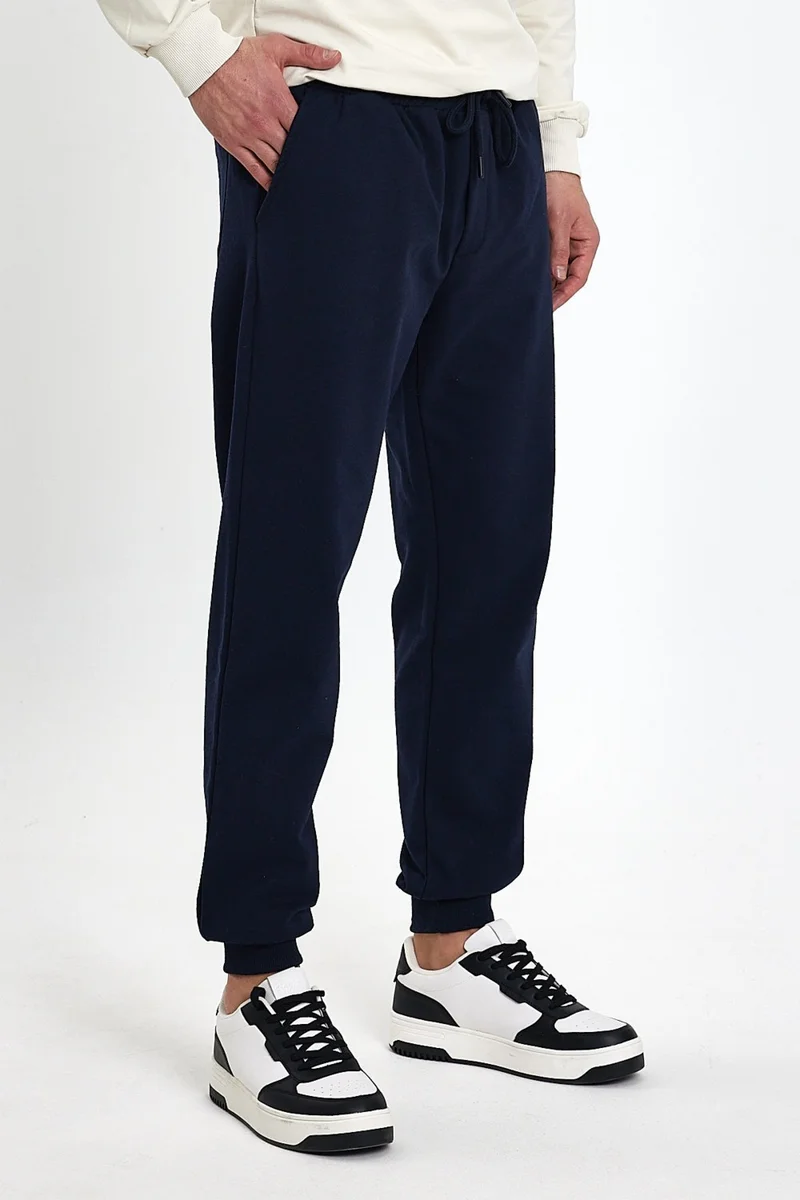 mmetalic Men's Navy Blue Back Pocket Label Detail Elastic Leg Regular Fit Sweatpants