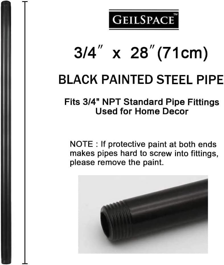 GeilSpace 6 Pack 3/4" × 28" Pre-Cut Black Metal Pipe, Industrial Steel Fits Standard Three Quarters Inch Threaded Pipes and Fittings - Vintage DIY Industrial Shelving (3/4" × 28", Black) - Image 2