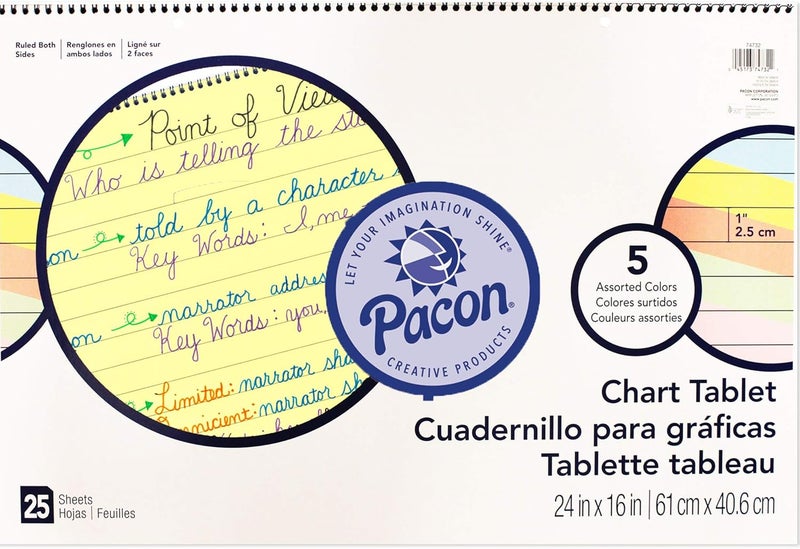 Pacon Colored Paper Chart Tablet, Cursive Cover, 5 Assorted Colors, 1" Ruled, 24" x 16", 25 Sheets - Image 1