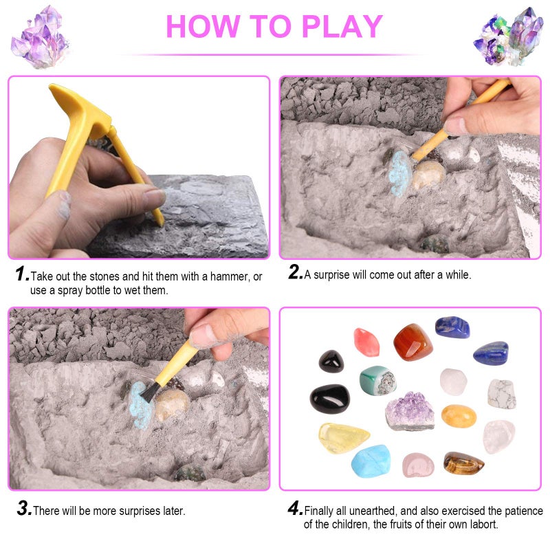 DODOMAGXANADU Gemstone Dig Kit, 16 Real Gem Stones and Crystals Excavation Kit, STEM Educational Toys Science Kit for Kids 5-7 8-12,Christmas Stocking Stuffers Gifts for Boys Girls - Image 3
