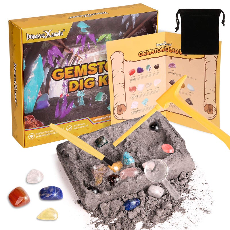 DODOMAGXANADU Gemstone Dig Kit, 16 Real Gem Stones and Crystals Excavation Kit, STEM Educational Toys Science Kit for Kids 5-7 8-12,Christmas Stocking Stuffers Gifts for Boys Girls - Image 1