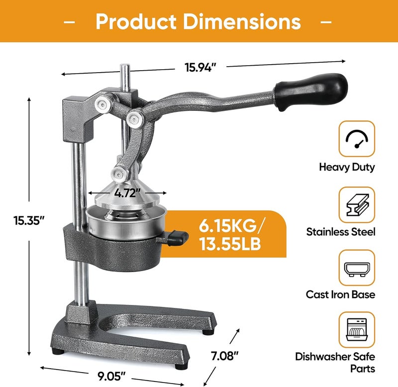 ZENY Commercial Grade Hand Press Manual Juicer - Home Restaurant Fruit Juice Squeezer - Citrus Squeezer for Lemons Limes Pomegranate Oranges, Grey - Image 3