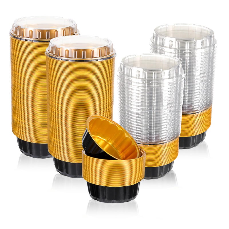 Hariendny 100 Pack 8 oz Disposable Ramekins with Lids Creme Brulee Dessert Cupcake Ramekin Aluminum Foil Cup Black Gold Aluminum Foil Cups Cupcake Containers for Wedding Kitchen Party Graduation - Image 2