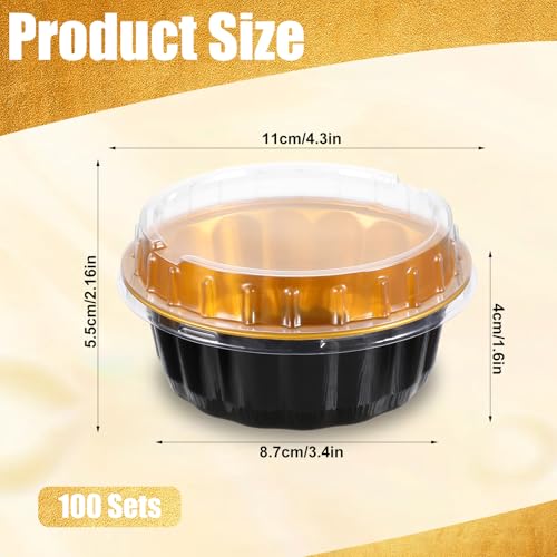 Hariendny 100 Pack 8 oz Disposable Ramekins with Lids Creme Brulee Dessert Cupcake Ramekin Aluminum Foil Cup Black Gold Aluminum Foil Cups Cupcake Containers for Wedding Kitchen Party Graduation - Image 3