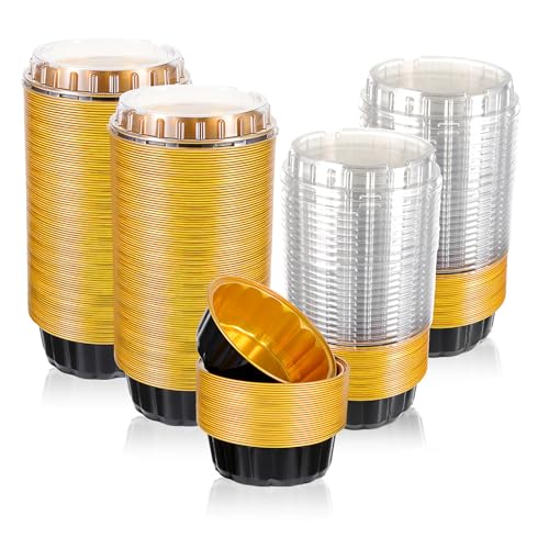 Hariendny 100 Pack 8 oz Disposable Ramekins with Lids Creme Brulee Dessert Cupcake Ramekin Aluminum Foil Cup Black Gold Aluminum Foil Cups Cupcake Containers for Wedding Kitchen Party Graduation - Image 1