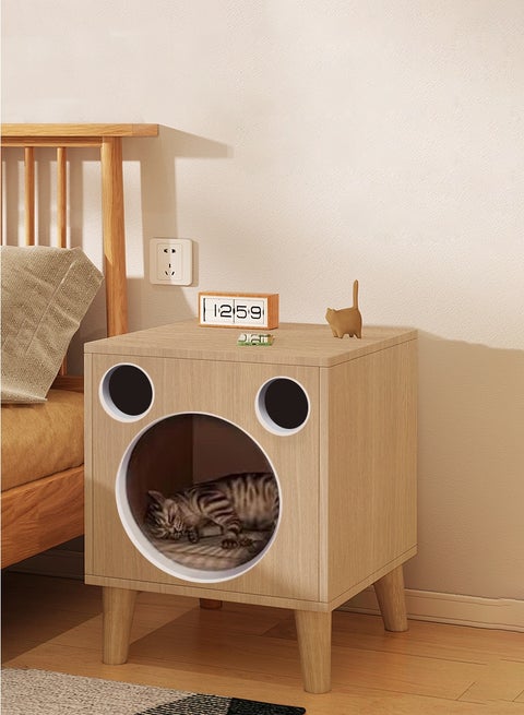 Multi-Functional Coffee Table, Cat Bed, Pet House, Cat Tent, Wooden Side Table, Cave Cat Furniture, Nightstand, Easy-To-Clean Covered Cat Bed, Side Table With Replaceable And Washable Cushion(Suitable for kittens under 5 kilograms)