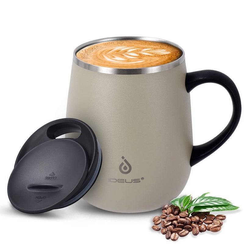 Ideus Coffee Mug 470ml 16oz Double Wall Vacuum Insulated Stainless Steel Coffee  Tea Cup wNonSlip Handle  Slider Module Lid  Large Volume Mars Celadon