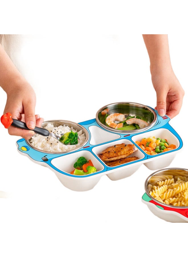 Onlycook Baby Bus Car Children'S Plate, 304 Stainless Steel Divided Plate, Household Meal Tray, Tableware - Blue - Image 2