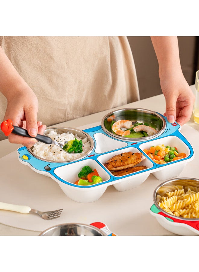 Onlycook Baby Bus Car Children's Plate, 304 Stainless Steel Divided Plate, Household Meal Tray, Tableware - Blue - Image 1