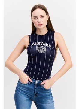 UNDIZ Women Graphic Sleeveless Bodysuit, Navy  - Image 1