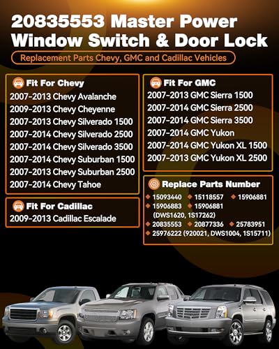 Quixofiber 20835553 Driver Side Power Master Control Door Lock and Window Power Switch Fit for 2007-2013 Chevy Silverado Avalanche, 2007-2014 Suburban Tahoe Sierra Yukon XL 1500 2500 3500 Cadilla Escalade - Image 3