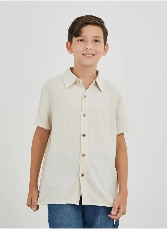 ستايلي Styli Spread Collar Buttoned Linen Shirt
