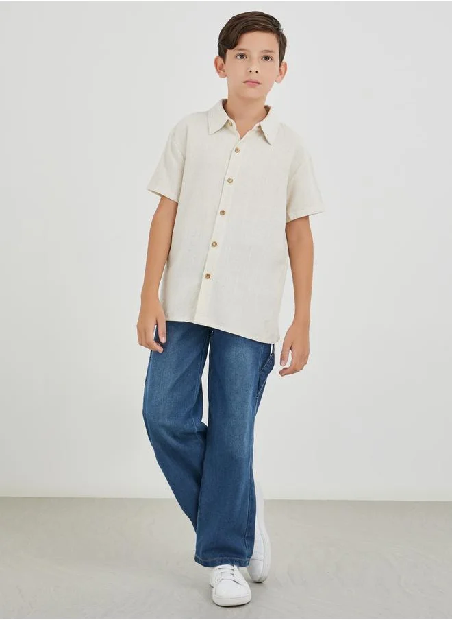 ستايلي Styli Spread Collar Buttoned Linen Shirt