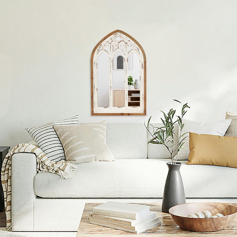 Synovana Arch Window Wall Mirror - Farmhouse Cathedral Wall Decor with Wooden Frame for Entryway Hallway Living Room - 16.14" x 1.38" x 25.2" - Image 5