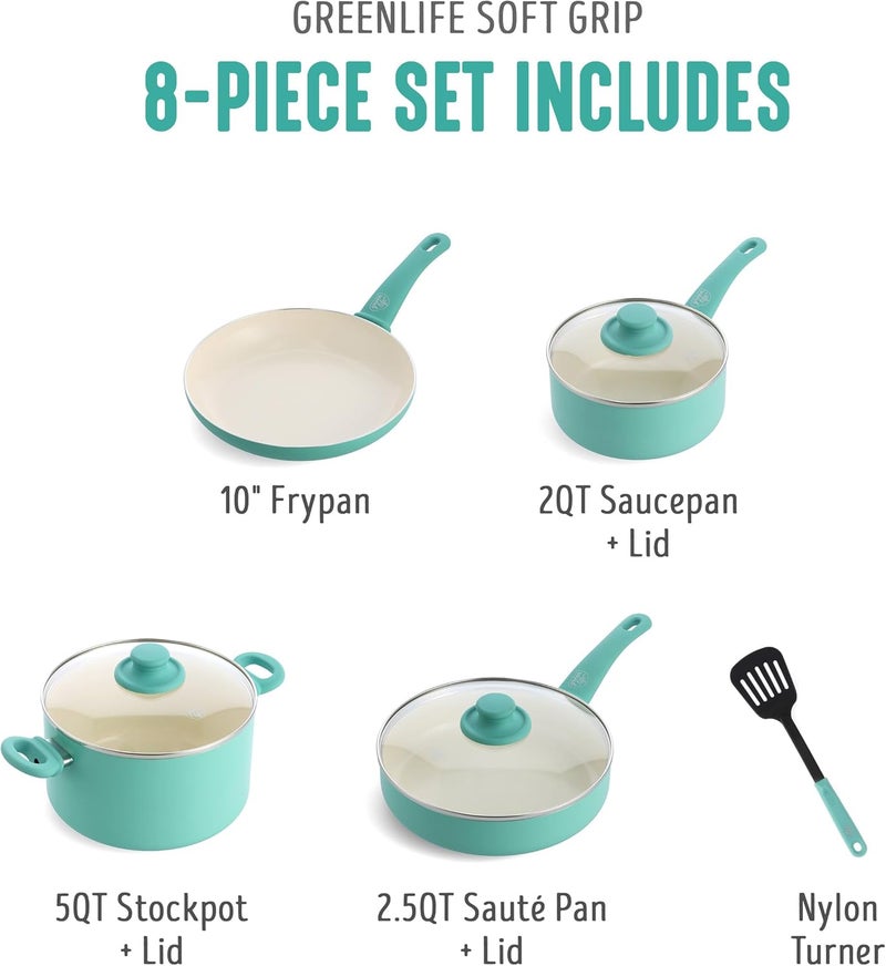 جرين لايف مجموعة أدوات الطهي Soft Grip المكونة من 8 قطع، سيراميك غير لاصق خالٍ من السموم وخالٍ من PFAS، مقالي، صلصة، سوتيه، أدوات، أغطية زجاجية، مقابض تبقى باردة، خالية من التذبذب، آمنة للغسيل في غسالة الأطباق والفرن، تركواز - Image 3