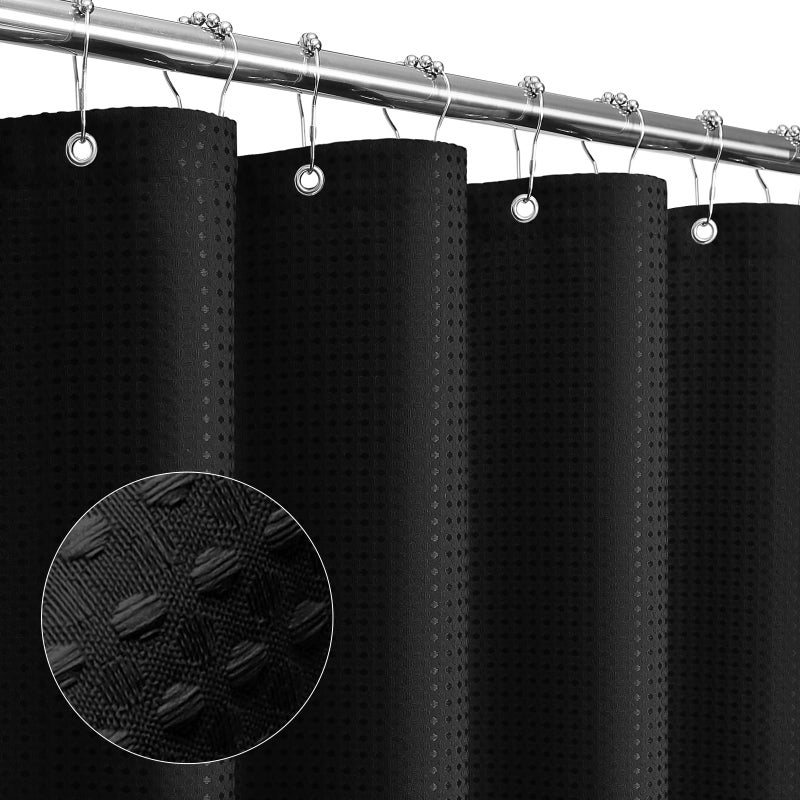 Gibelle Black Shower Curtain, Waffle Weave Textured Fabric Shower Curtain for Bathroom - Soft Cloth & Hotel Spa Luxury, Water Repellent, Machine Washable, 72X72, Black - Image 1